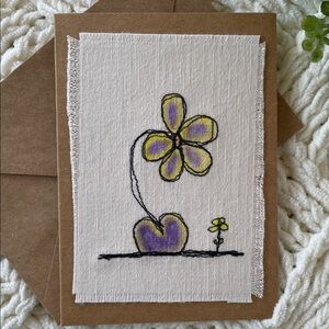 Handmade Embroidered Floral Greeting Card with Purple and Yellow Flower Design